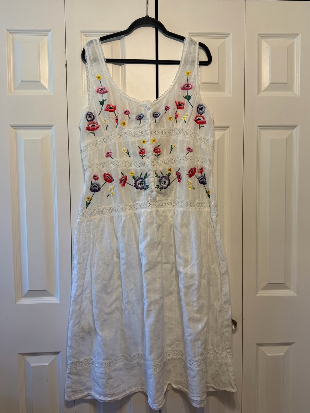 Asos white cotton/linen sleeveless midi dress vibrant floral embroidery